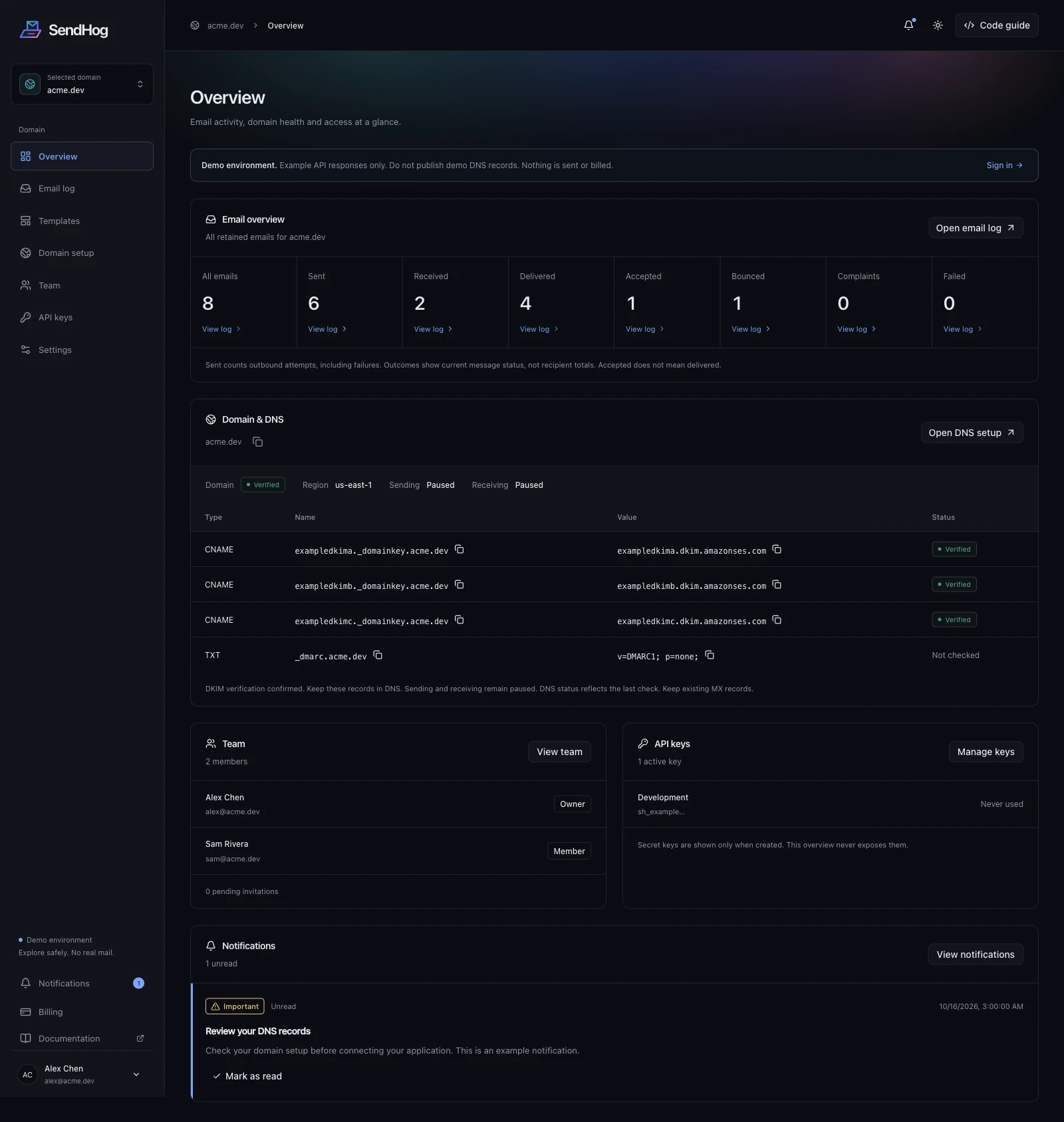 SendHog dashboard overview in dark mode, showing email outcomes, domain DNS records, team, API keys and notifications with example data.