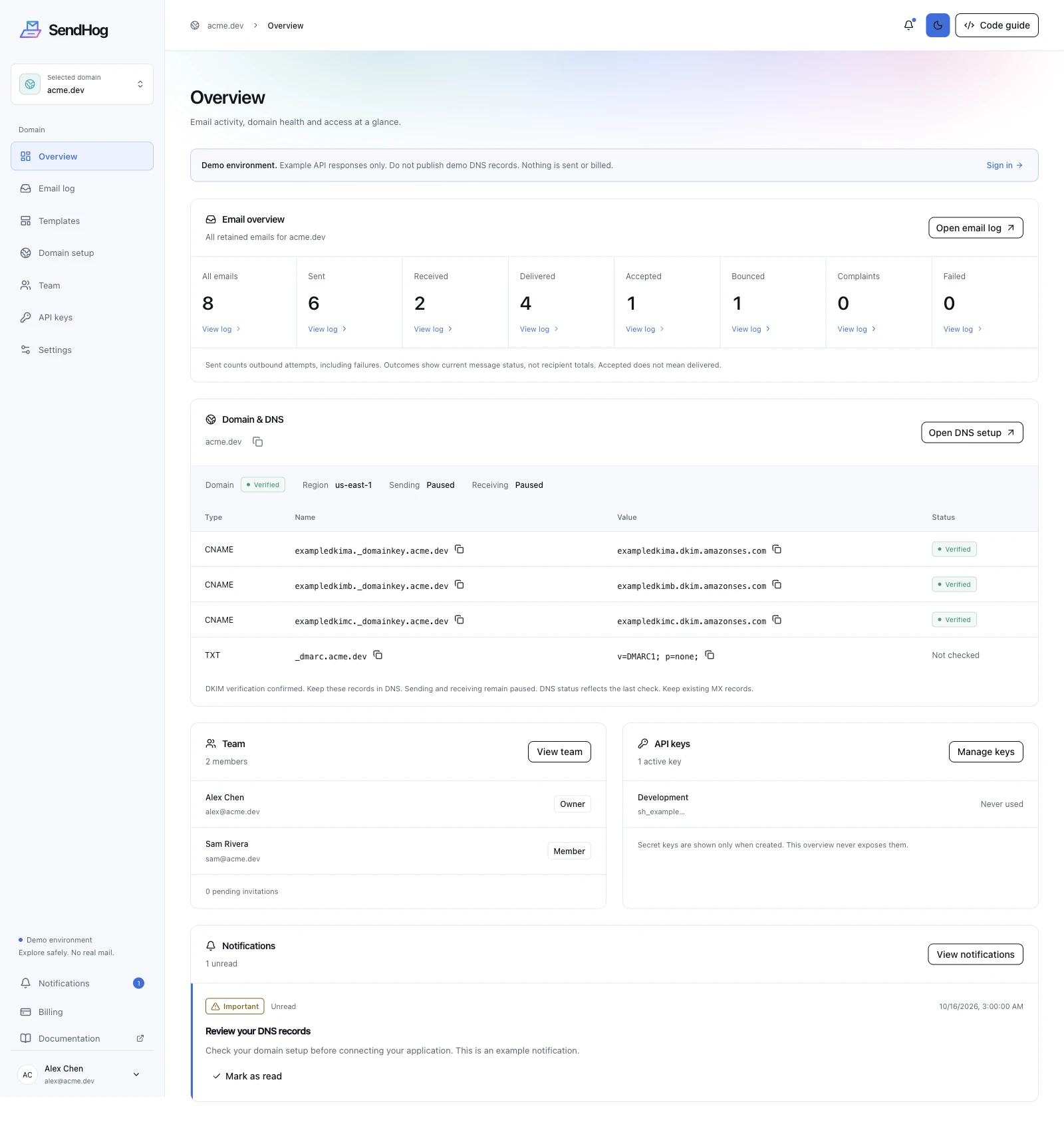 SendHog dashboard overview in light mode, showing email outcomes, domain DNS records, team, API keys and notifications with example data.